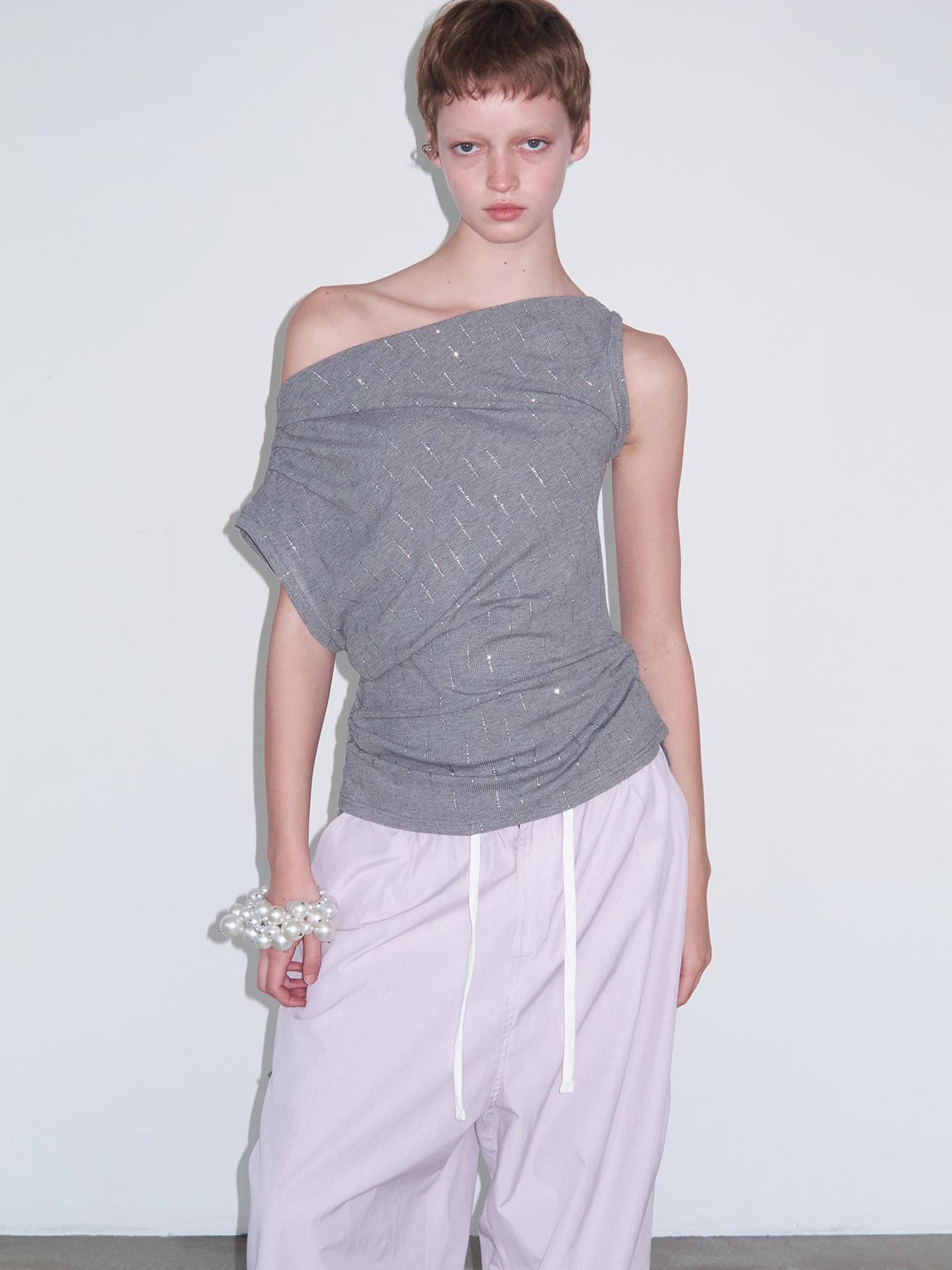 Delivery Asymmetric Shoulder Ruffle Top With Drawstring And Metallic Detail