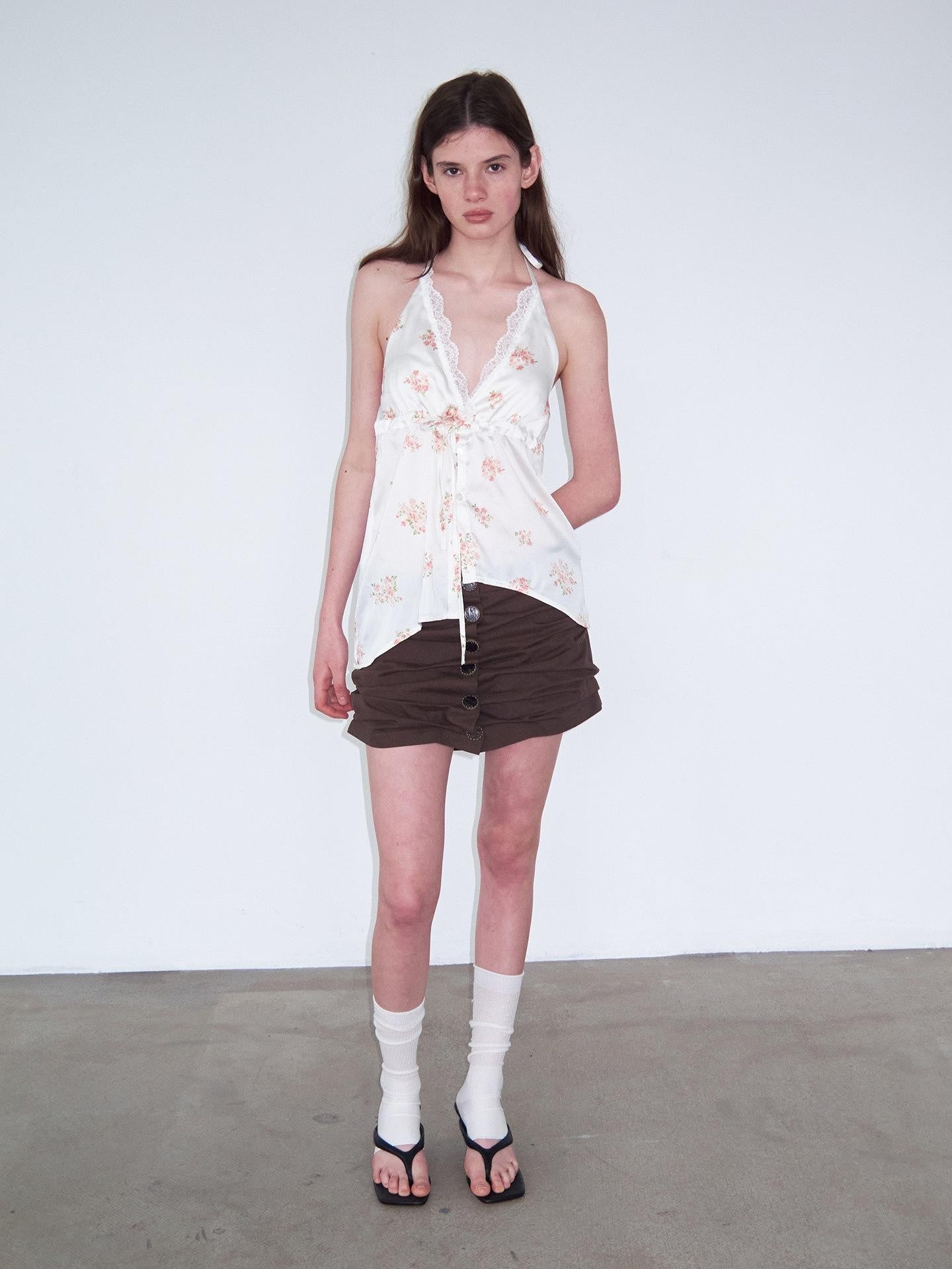 Delivery Beige Floral Satin Lace V-neck Backless Cropped Women&