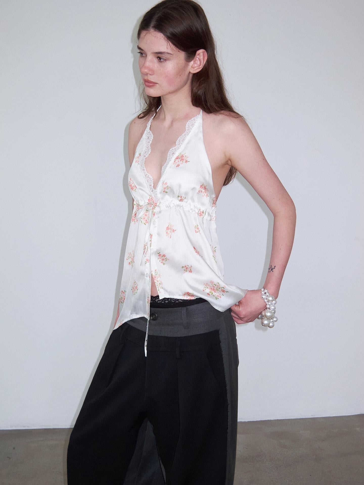 Delivery Beige Floral Satin Lace V-neck Backless Cropped Women&