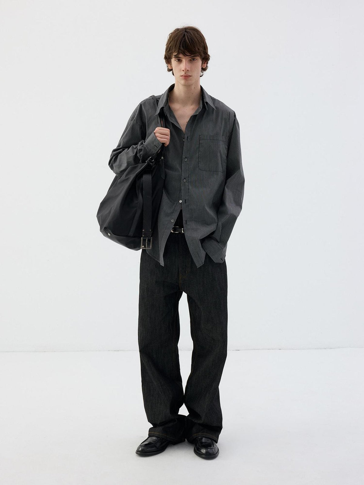 Delivery Black Pinstripe Detachable Collar Long Sleeve Oversized Cotton Women&
