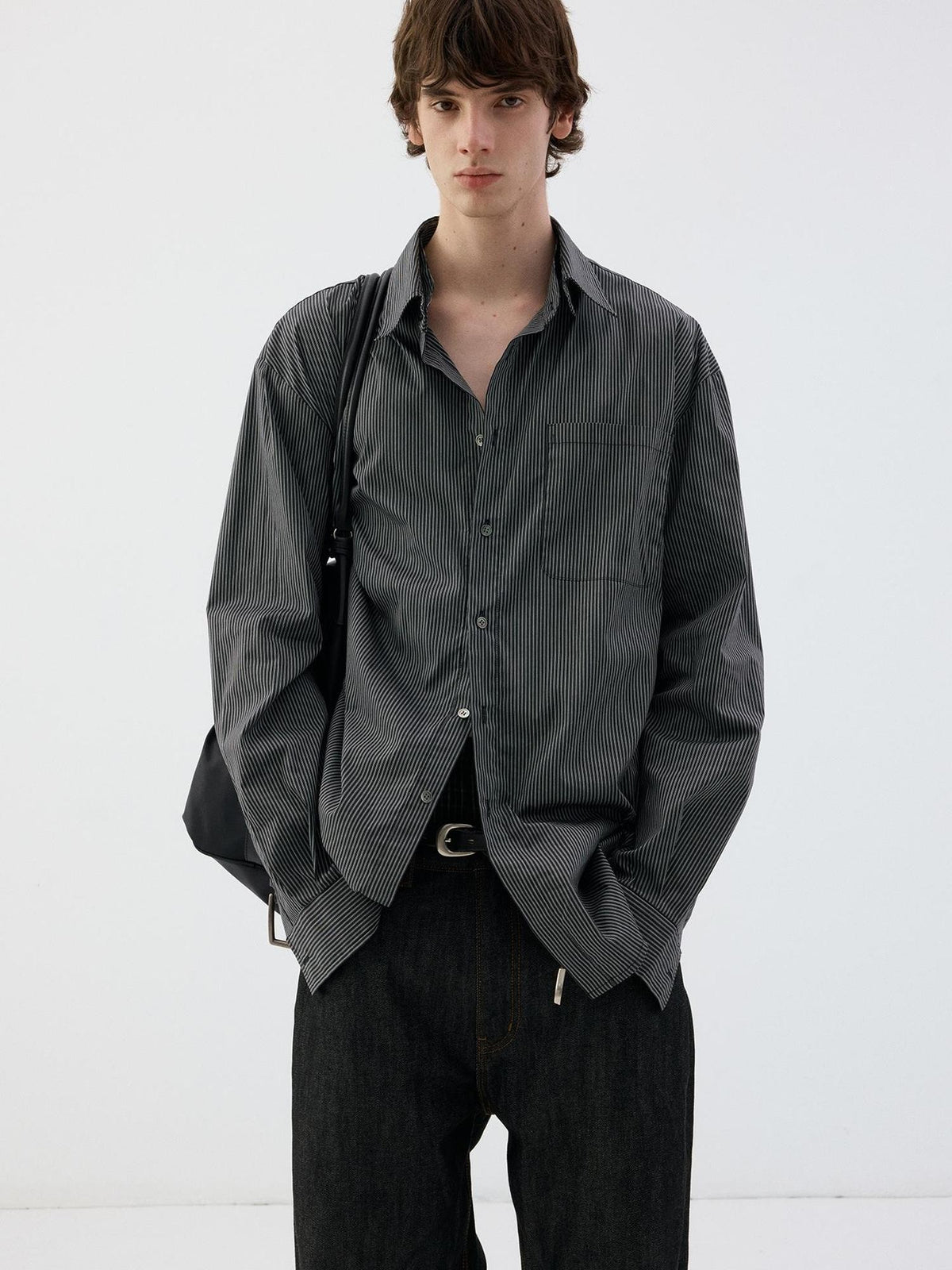 Delivery Black Pinstripe Detachable Collar Long Sleeve Oversized Cotton Women&