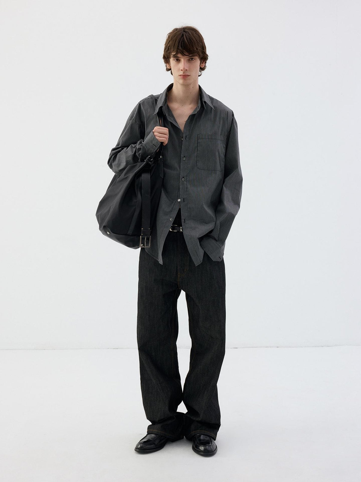 Delivery Black Pinstripe Detachable Collar Long Sleeve Oversized Cotton Women&