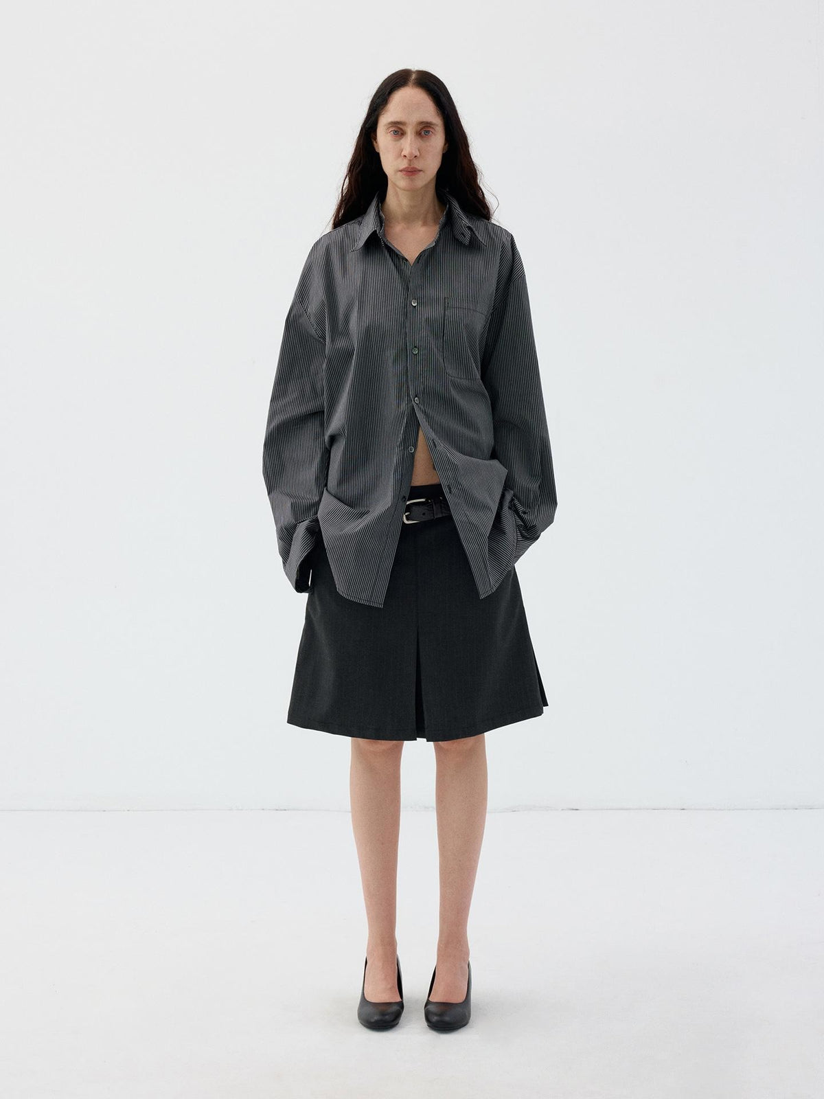 Delivery Black Pinstripe Detachable Collar Long Sleeve Oversized Cotton Women&
