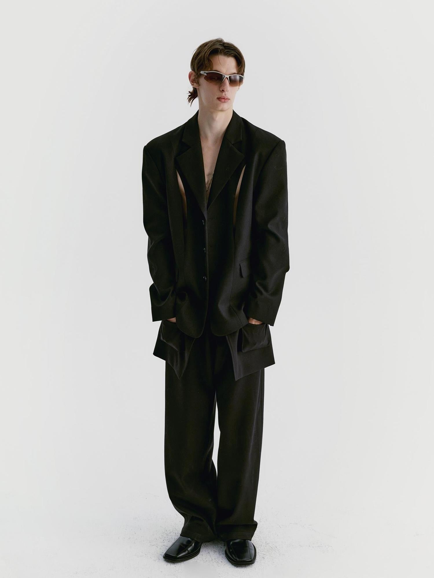 Delivery Black Wool Blazer With Front Cut Out Design