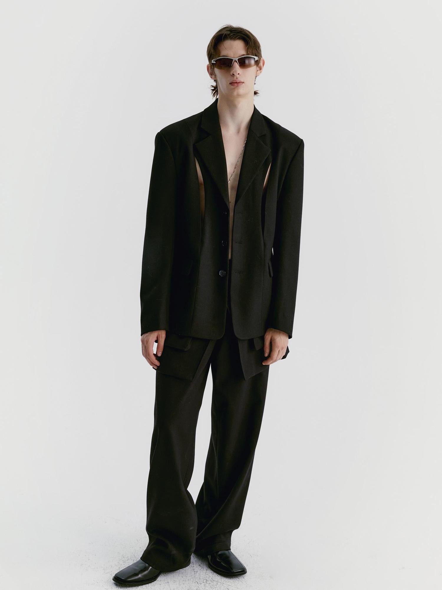 Delivery Black Wool Blazer With Front Cut Out Design