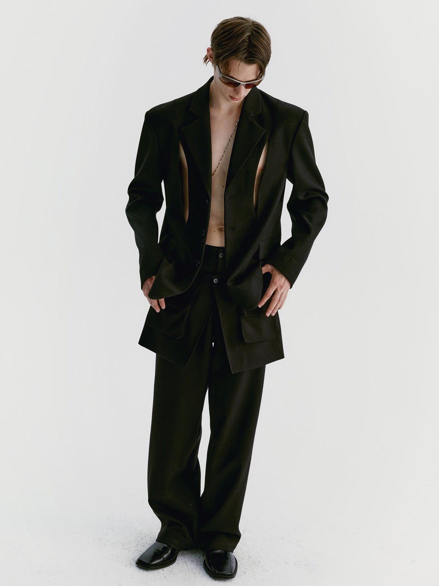 Delivery Black Wool Blazer With Front Cut Out Design