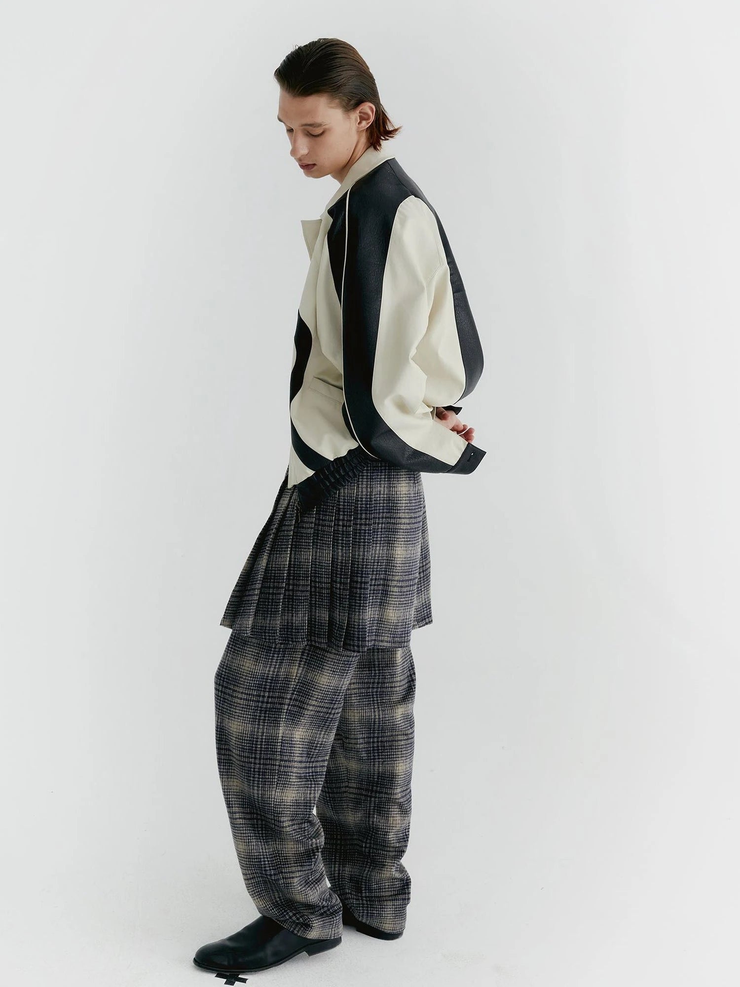 Blue Check Tweed Wide Leg Trousers With Layered Pleated Skirt Detail