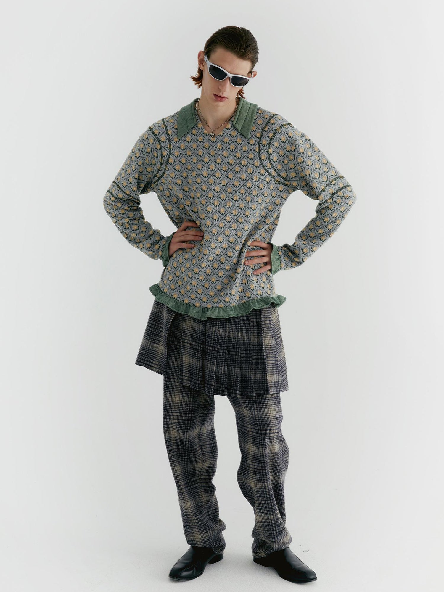 Delivery Blue Check Tweed Wide Leg Trousers With Layered Pleated Skirt Detail