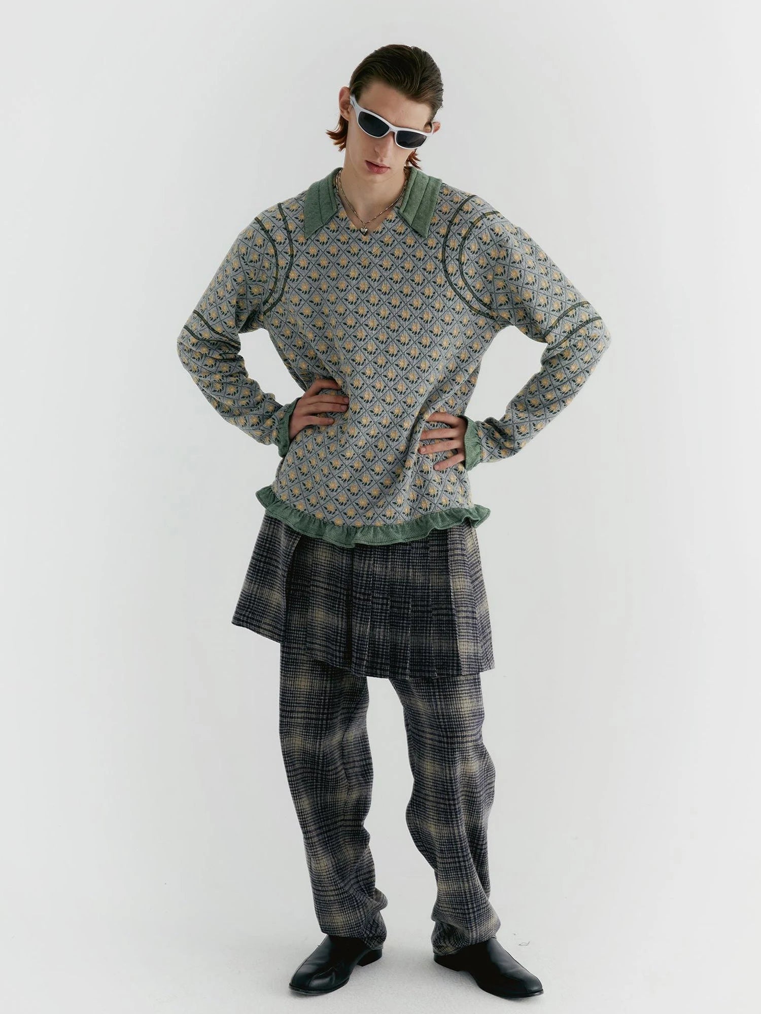 Blue Check Tweed Wide Leg Trousers With Layered Pleated Skirt Detail