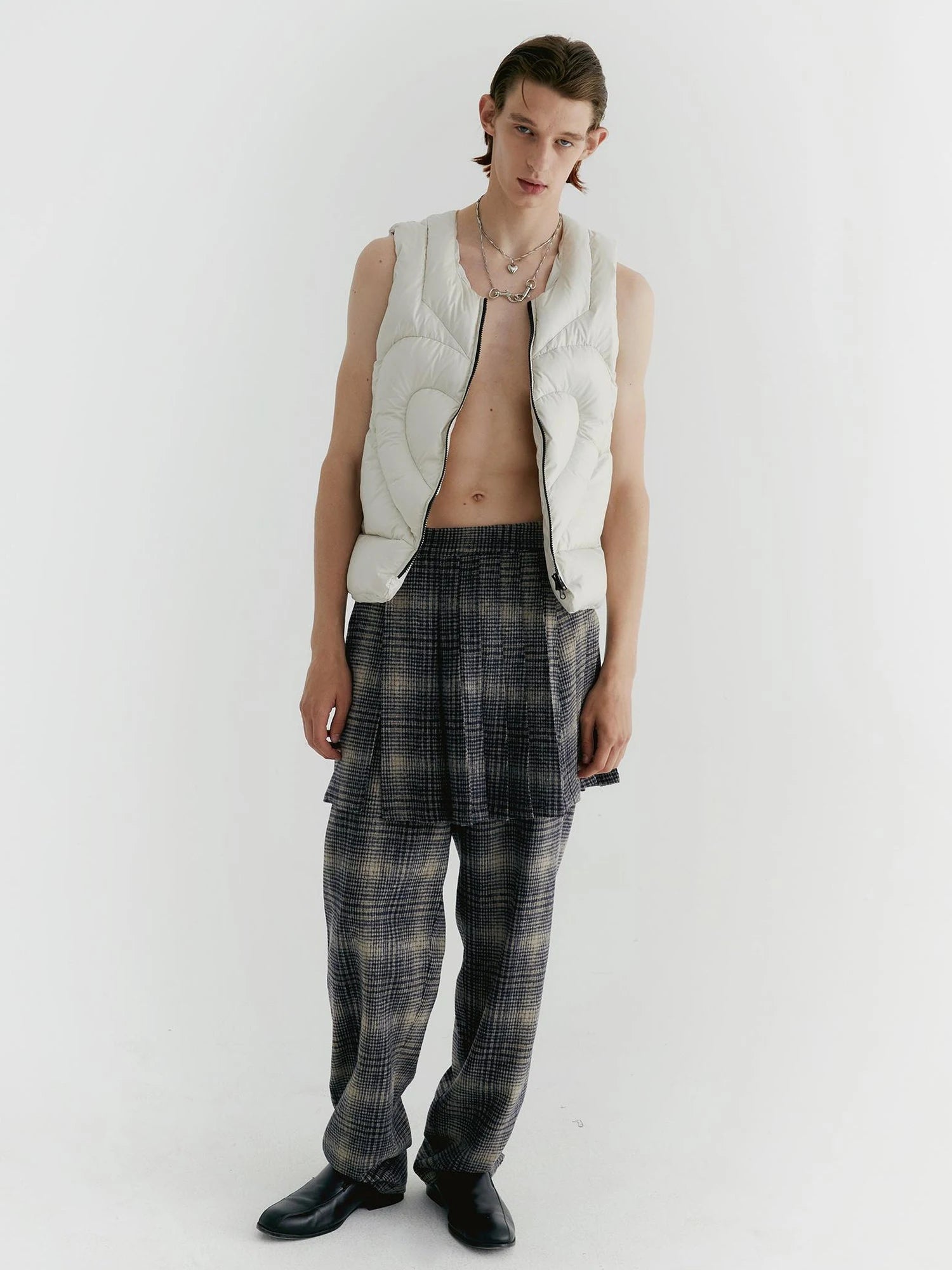 Blue Check Tweed Wide Leg Trousers With Layered Pleated Skirt Detail