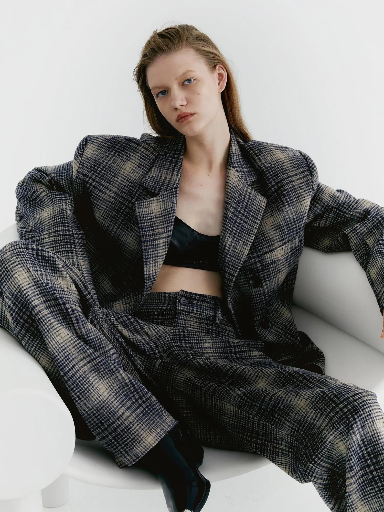 Blue Check Tweed Wide Leg Trousers With Layered Pleated Skirt Detail