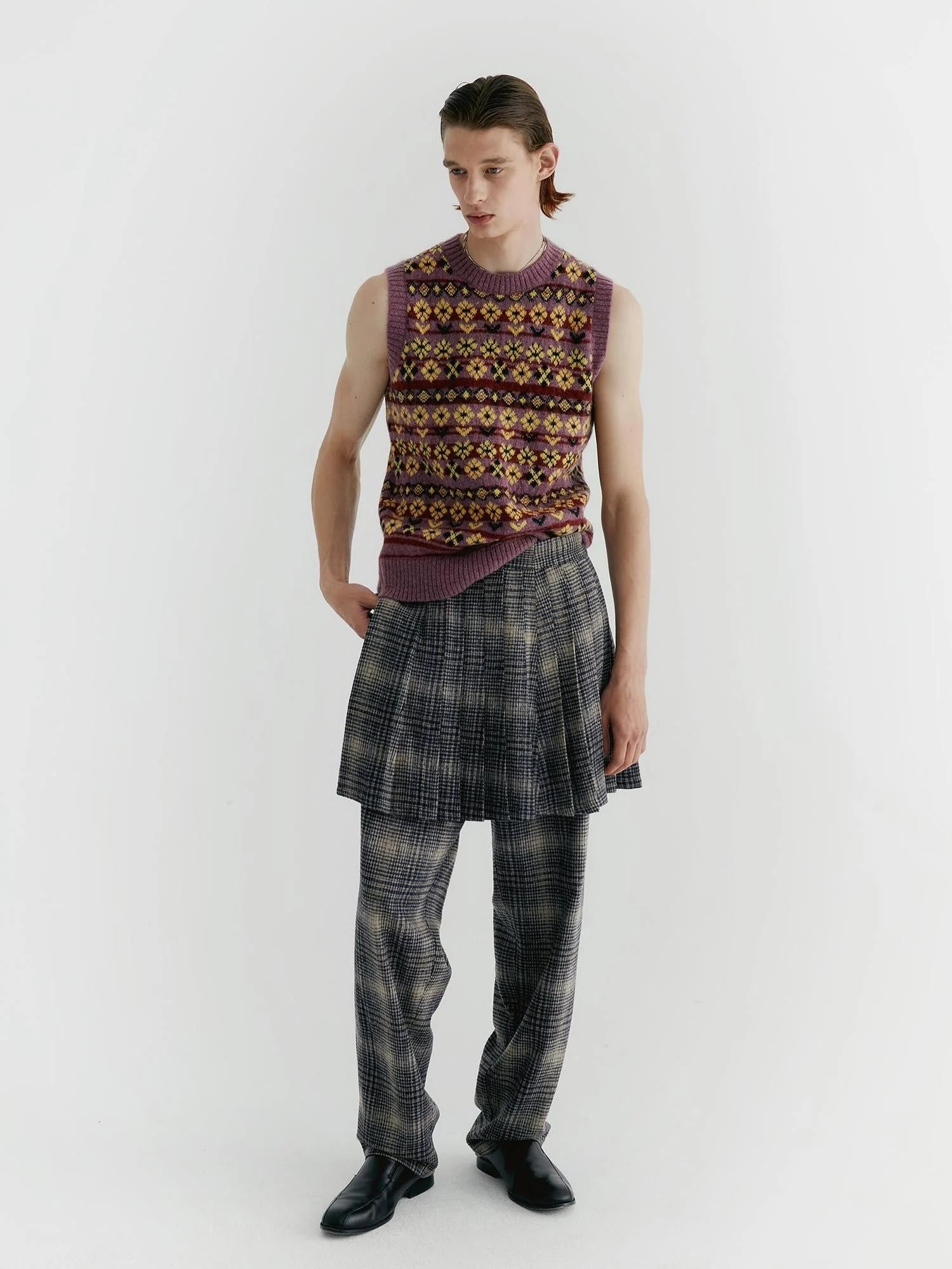 Blue Check Tweed Wide Leg Trousers With Layered Pleated Skirt Detail
