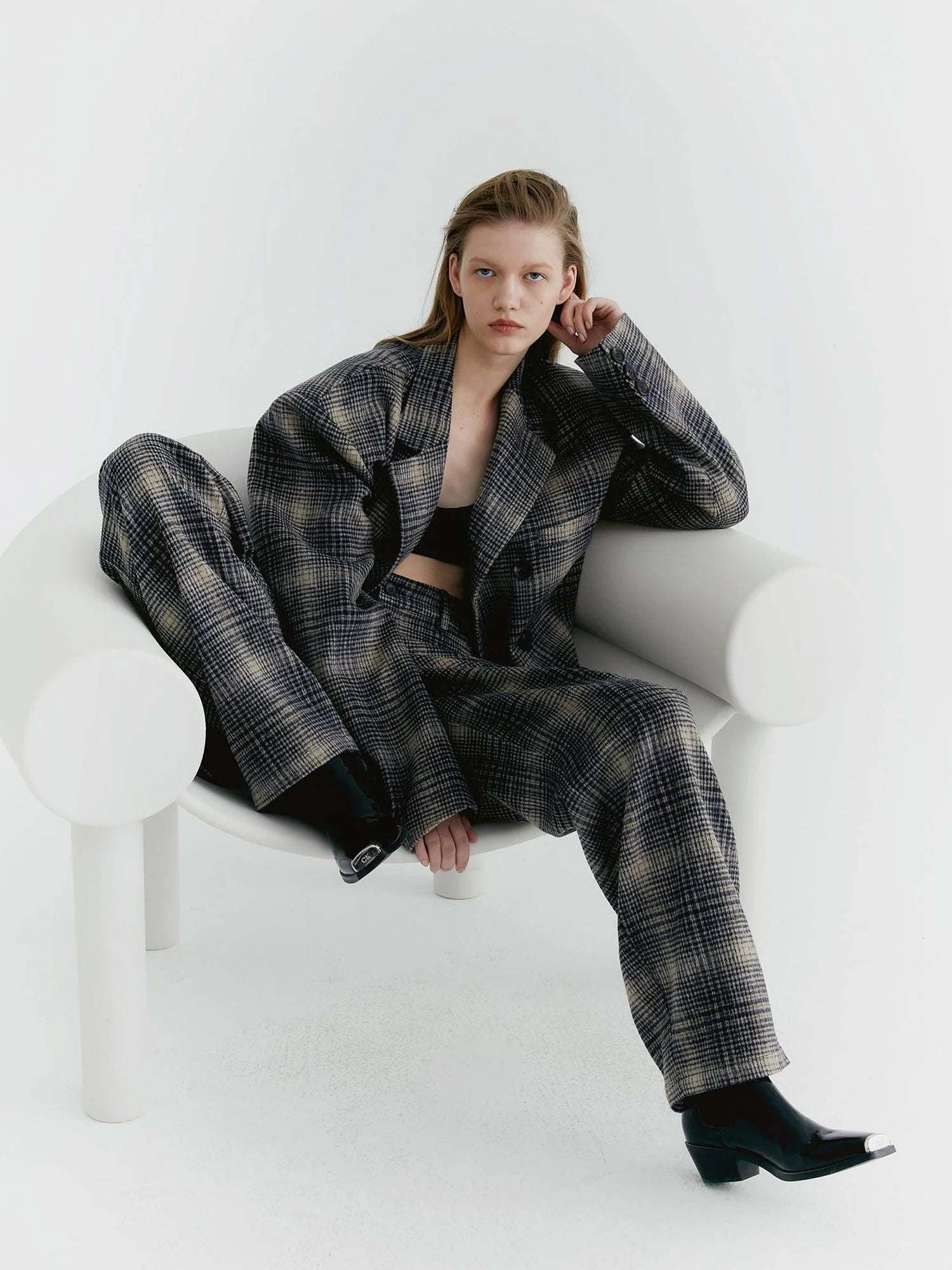 Blue Check Tweed Wide Leg Trousers With Layered Pleated Skirt Detail