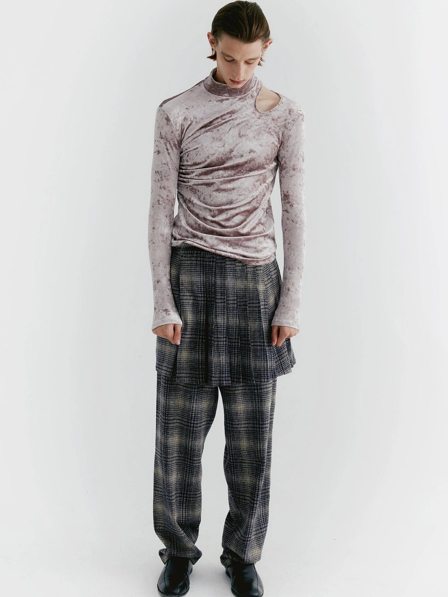 Blue Check Tweed Wide Leg Trousers With Layered Pleated Skirt Detail