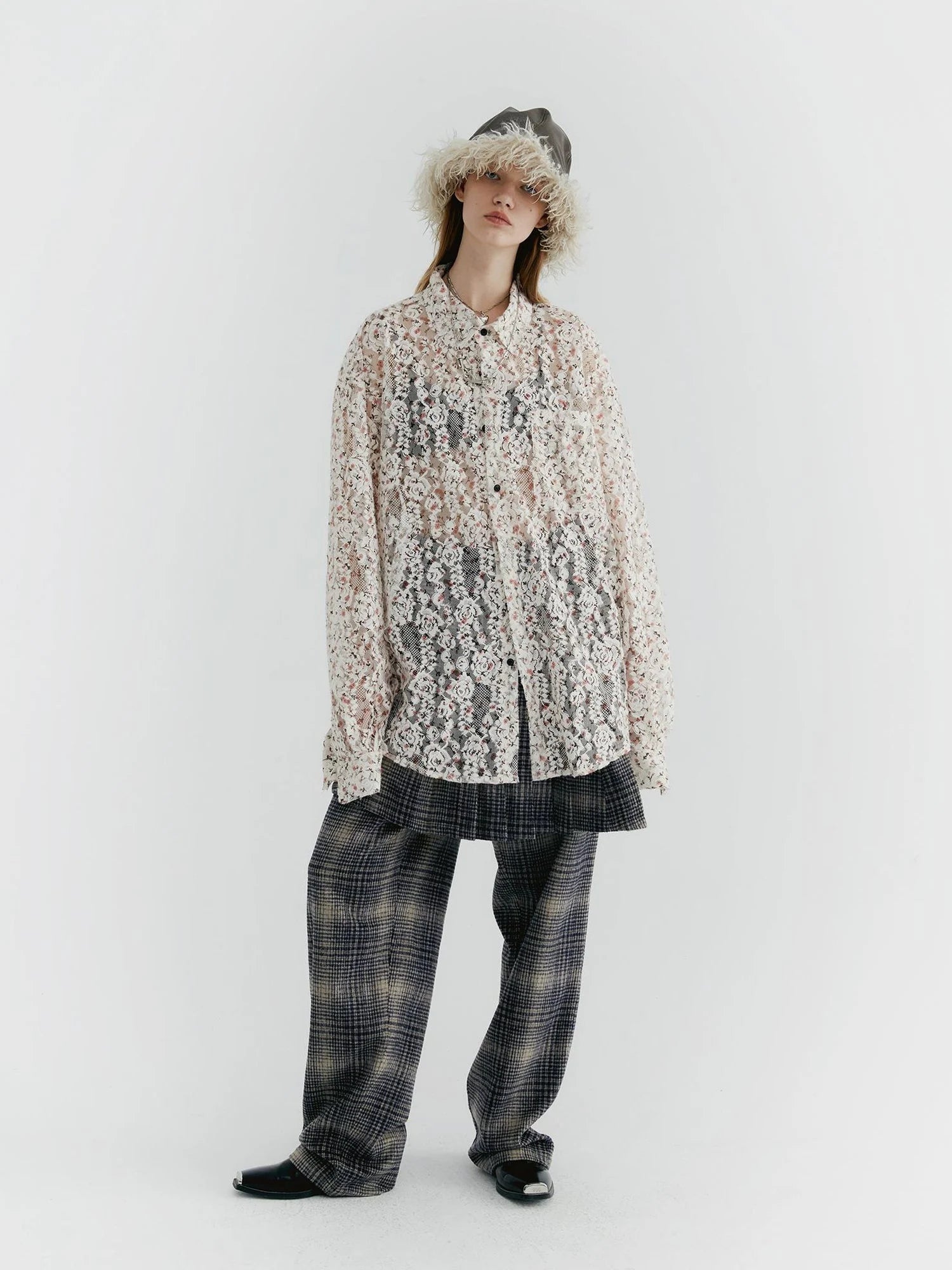 Blue Check Tweed Wide Leg Trousers With Layered Pleated Skirt Detail