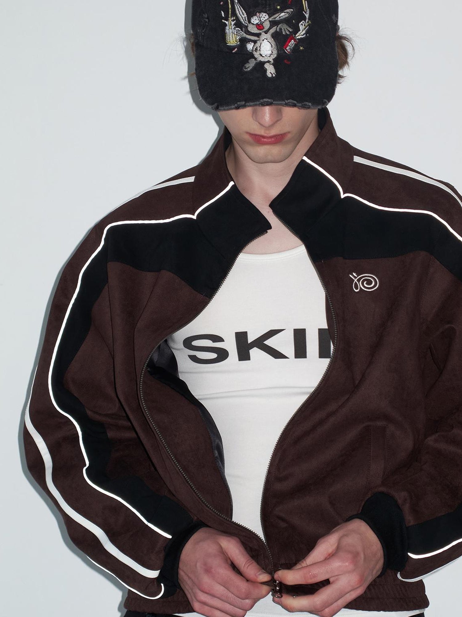 Delivery Brown Black Suede Split Panel Zip Up Jacket Skirt Set