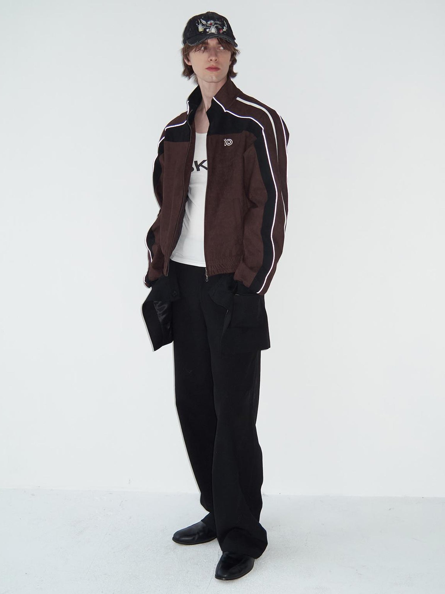 Delivery Brown Black Suede Split Panel Zip Up Jacket Skirt Set