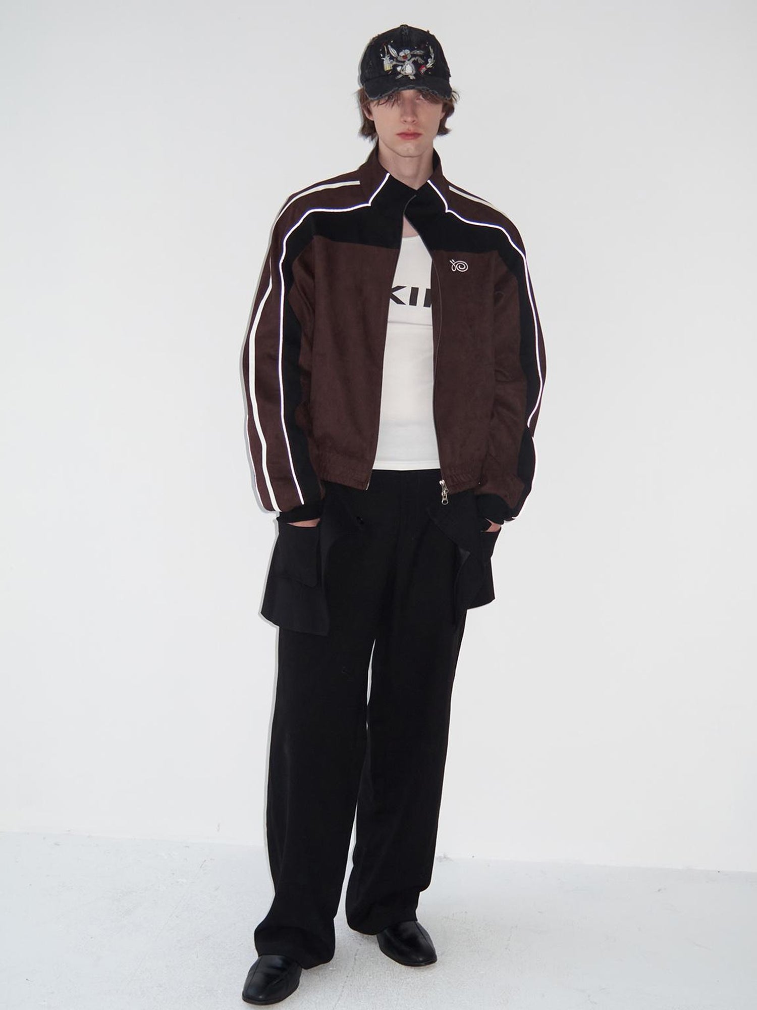 Delivery Brown Black Suede Split Panel Zip Up Jacket Skirt Set