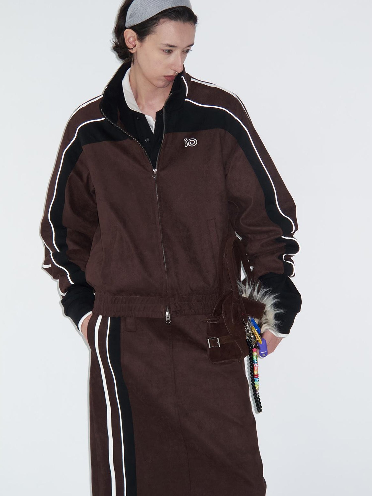 Delivery Brown Black Suede Split Panel Zip Up Jacket Skirt Set