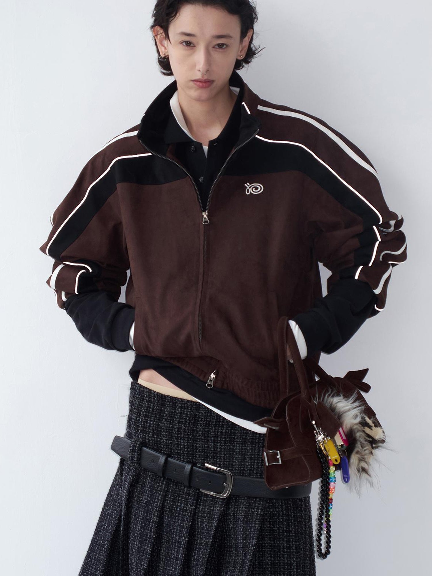 Delivery Brown Black Suede Split Panel Zip Up Jacket Skirt Set