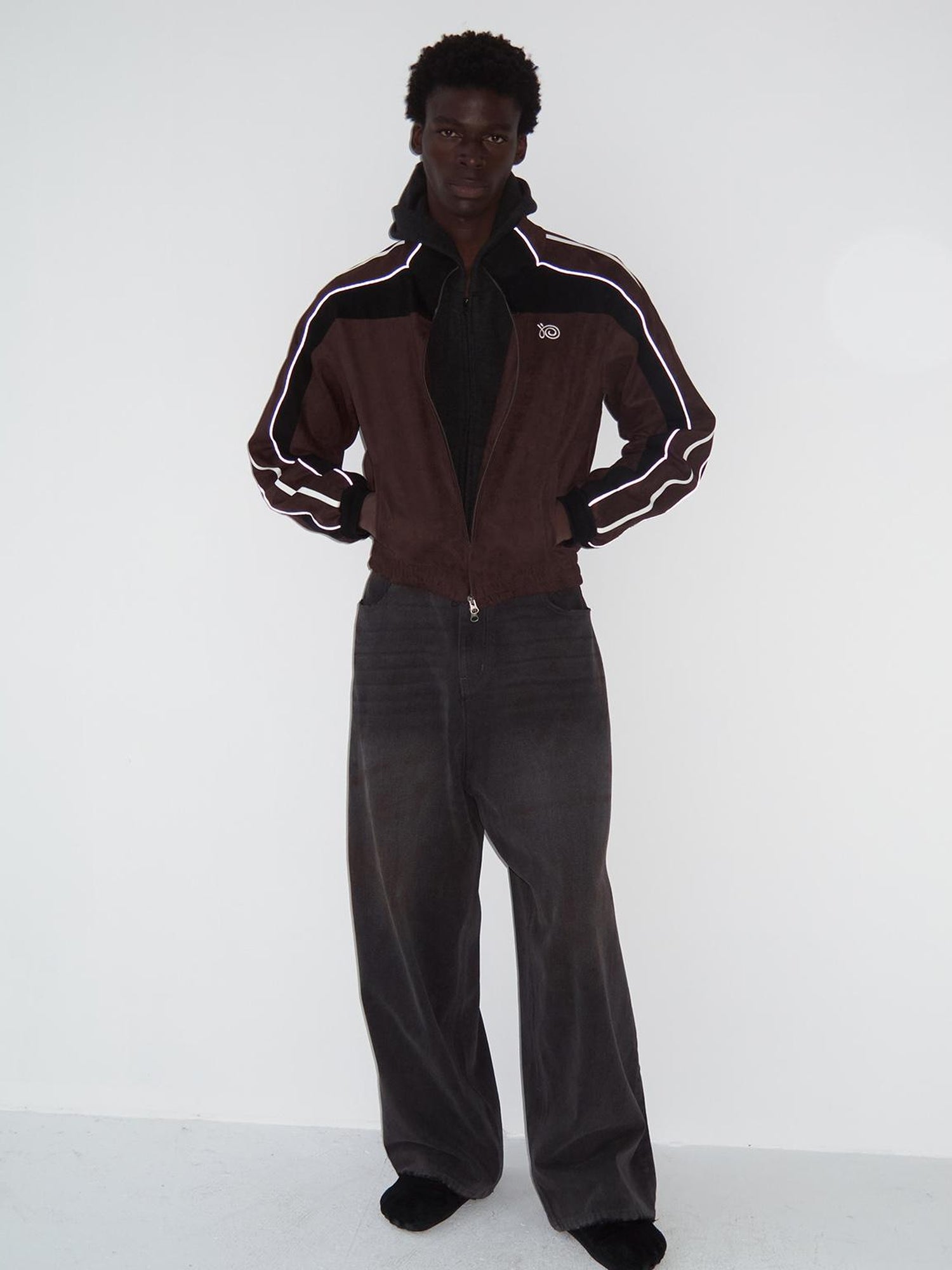 Delivery Brown Black Suede Split Panel Zip Up Jacket Skirt Set