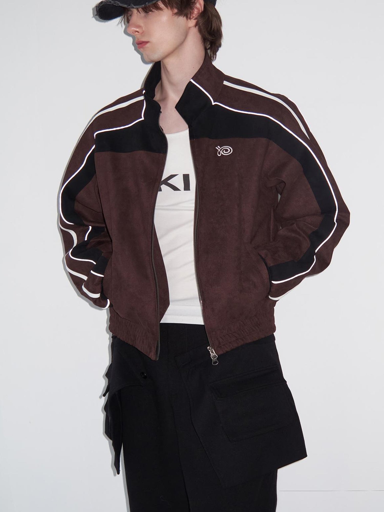 Delivery Brown Black Suede Split Panel Zip Up Jacket Skirt Set