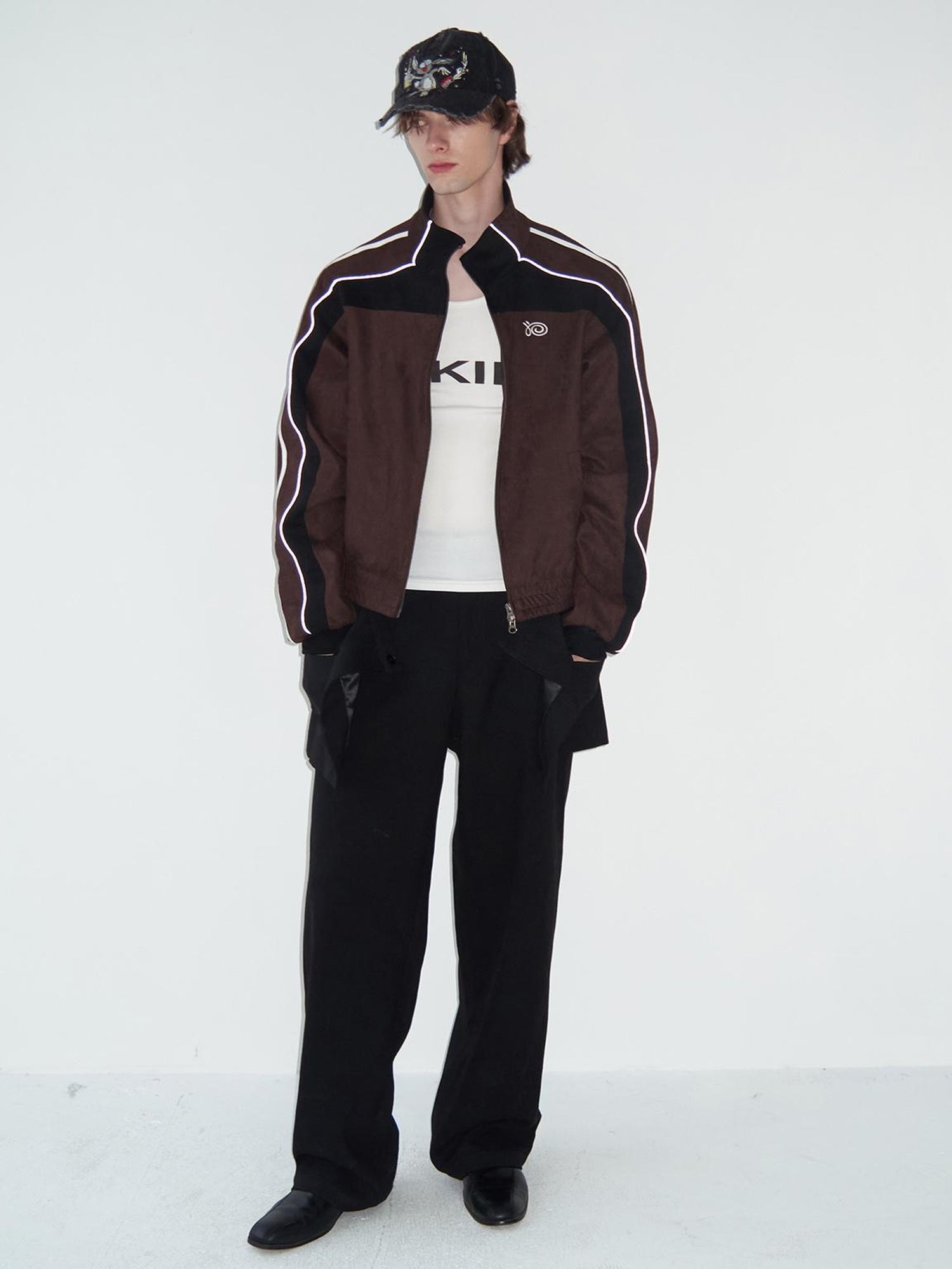 Delivery Brown Black Suede Split Panel Zip Up Jacket Skirt Set