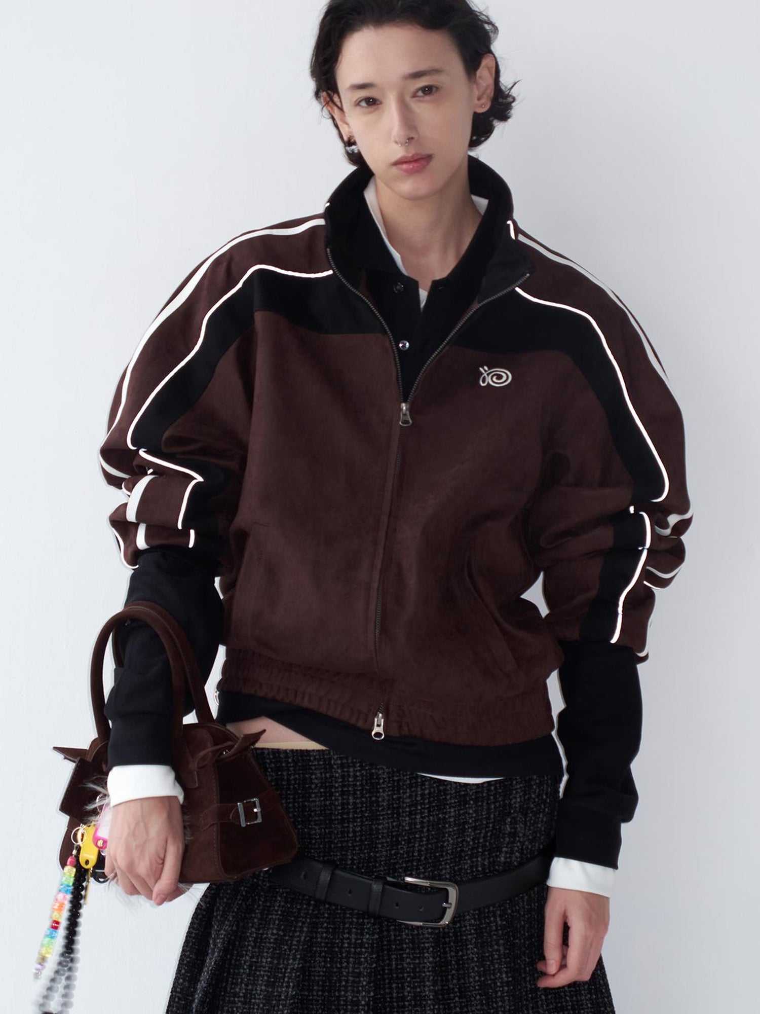 Delivery Brown Black Suede Split Panel Zip Up Jacket Skirt Set