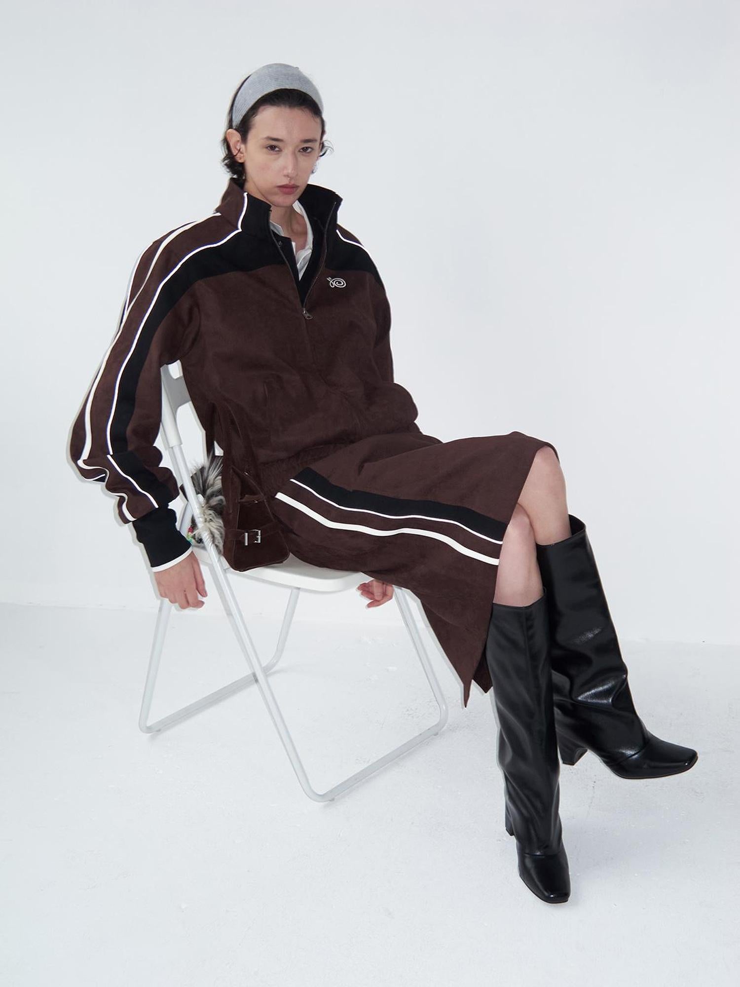 Delivery Brown Black Suede Split Panel Zip Up Jacket Skirt Set