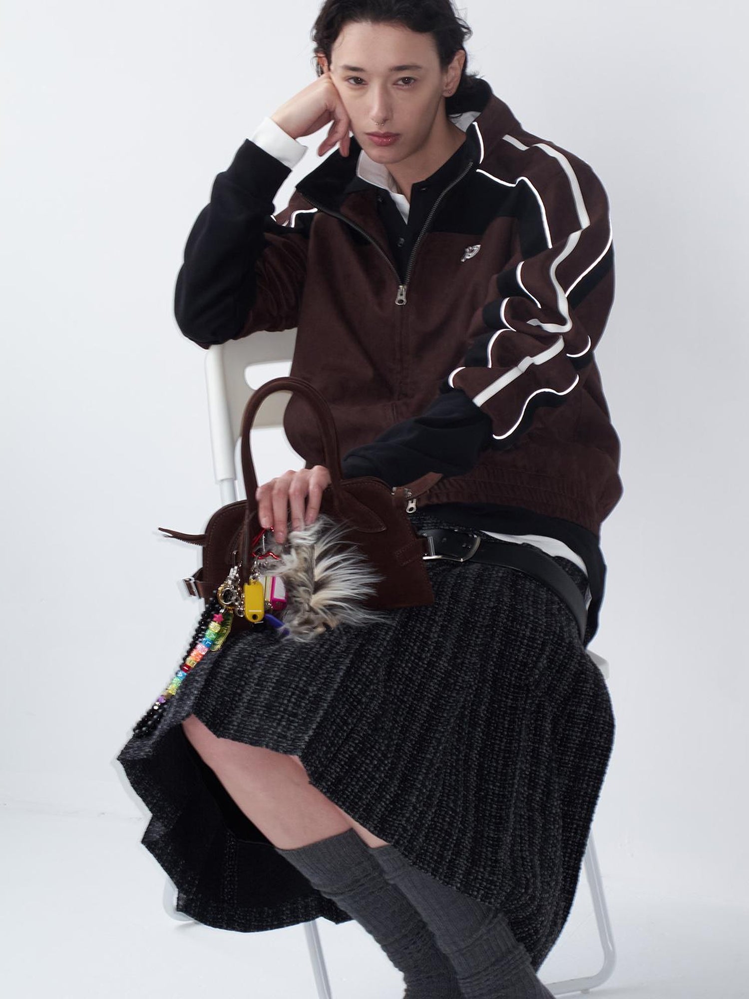 Delivery Brown Black Suede Split Panel Zip Up Jacket Skirt Set