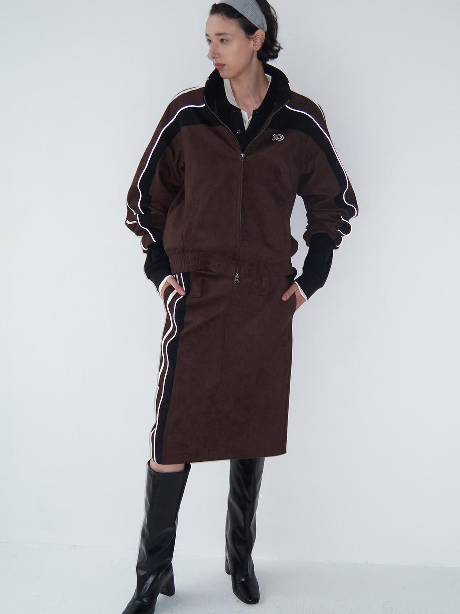 Delivery Brown Black Suede Split Panel Zip Up Jacket Skirt Set