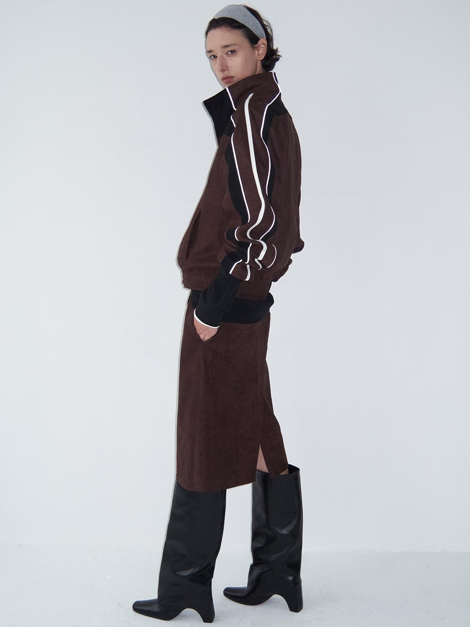 Delivery Brown Black Suede Split Panel Zip Up Jacket Skirt Set