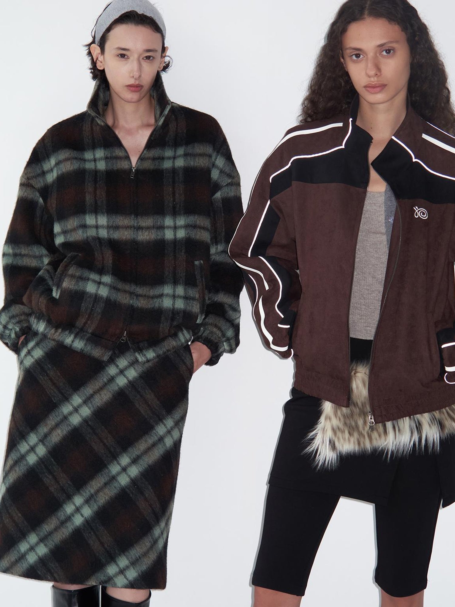 Delivery Brown Black Suede Split Panel Zip Up Jacket Skirt Set