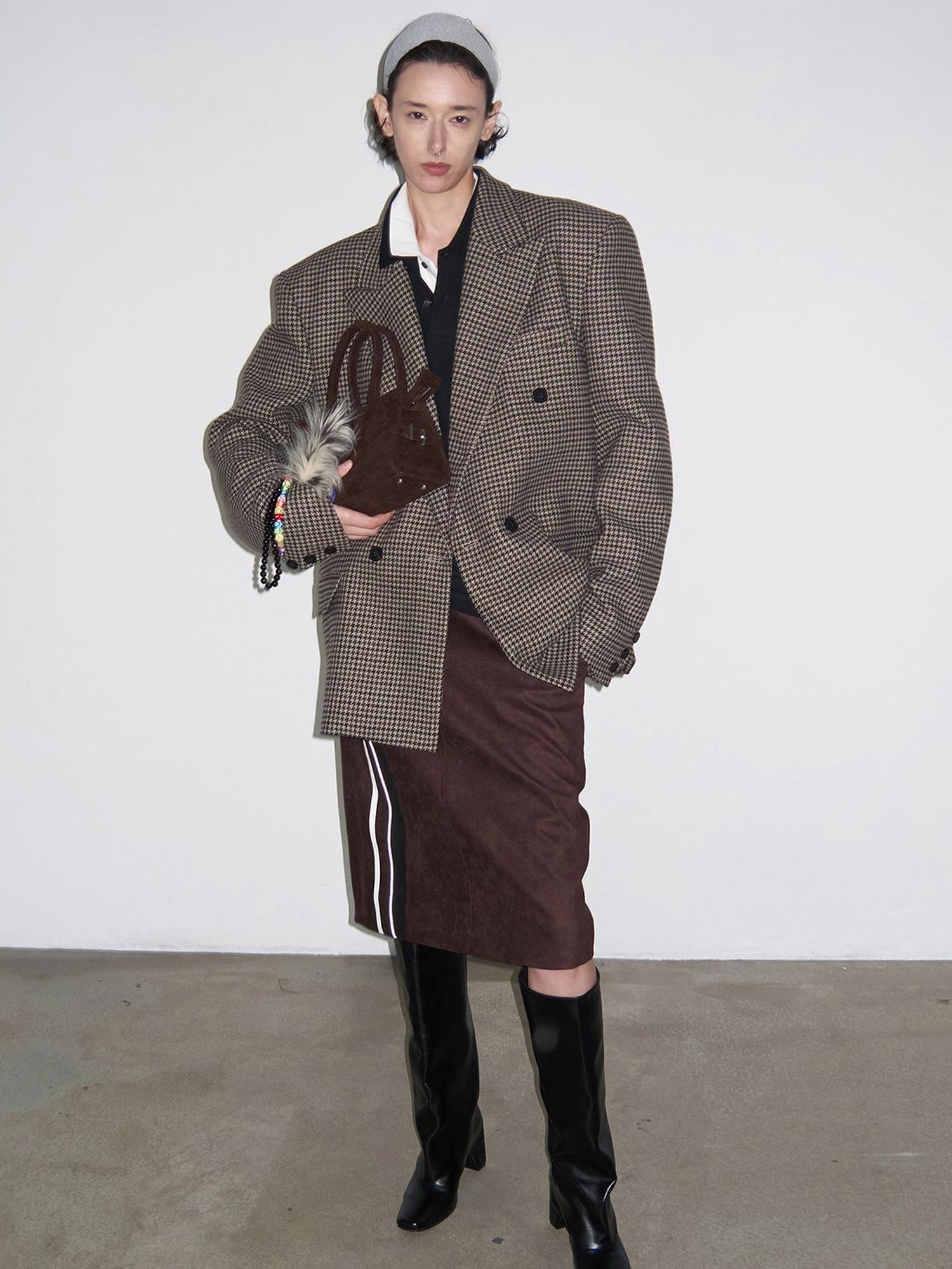 Delivery Brown Black Suede Split Panel Zip Up Jacket Skirt Set