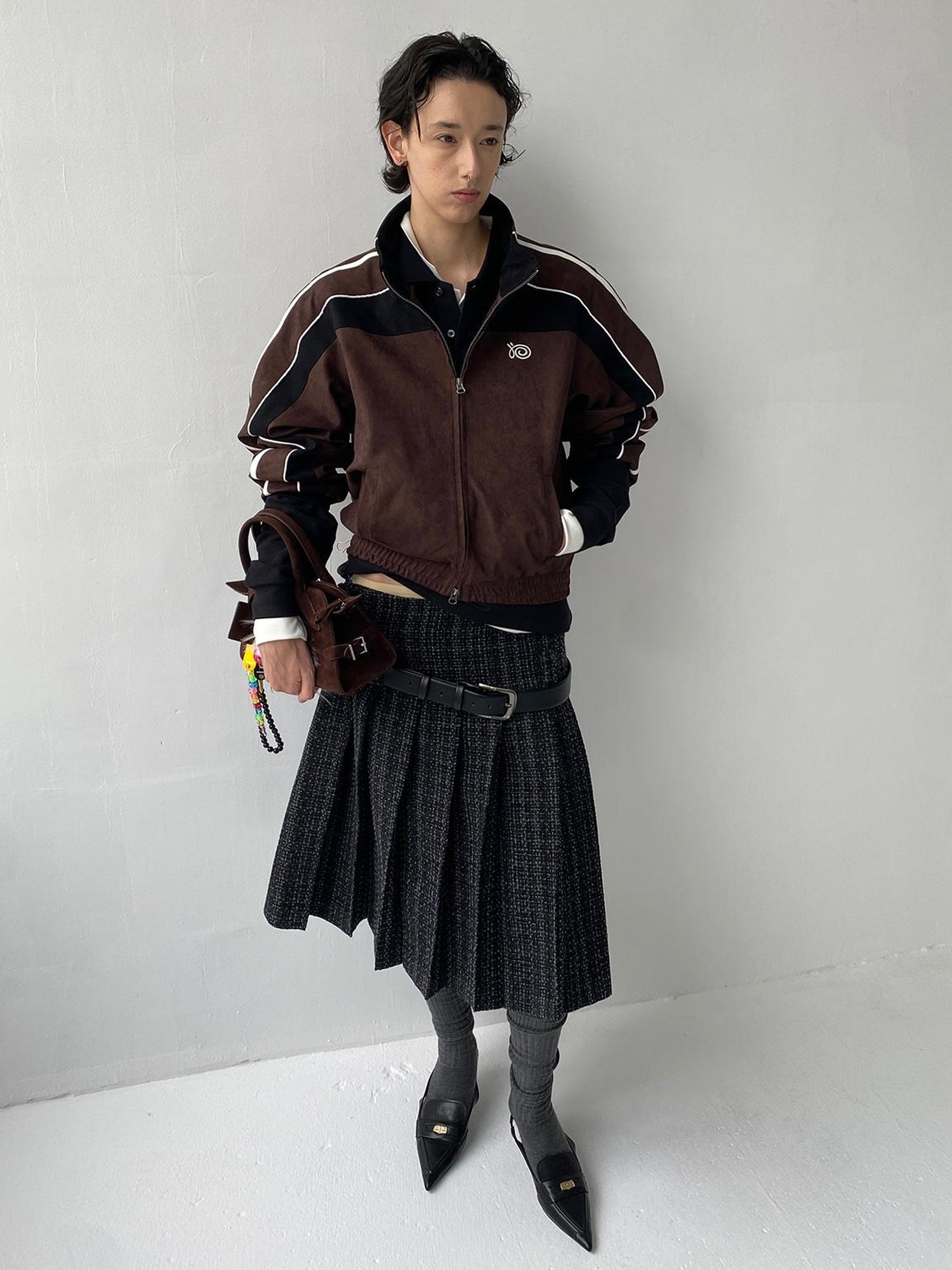 Delivery Brown Black Suede Split Panel Zip Up Jacket Skirt Set