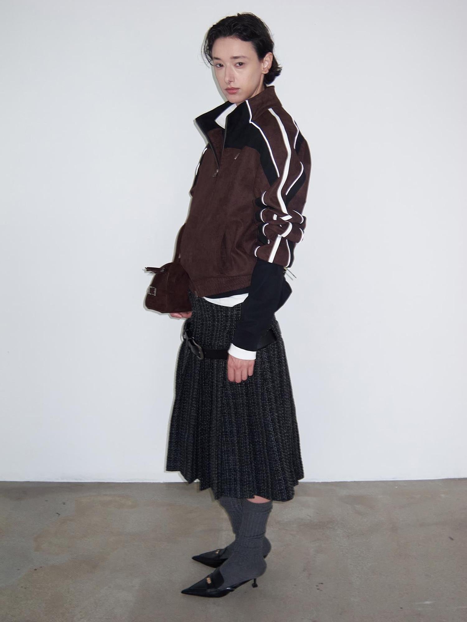 Delivery Brown Black Suede Split Panel Zip Up Jacket Skirt Set