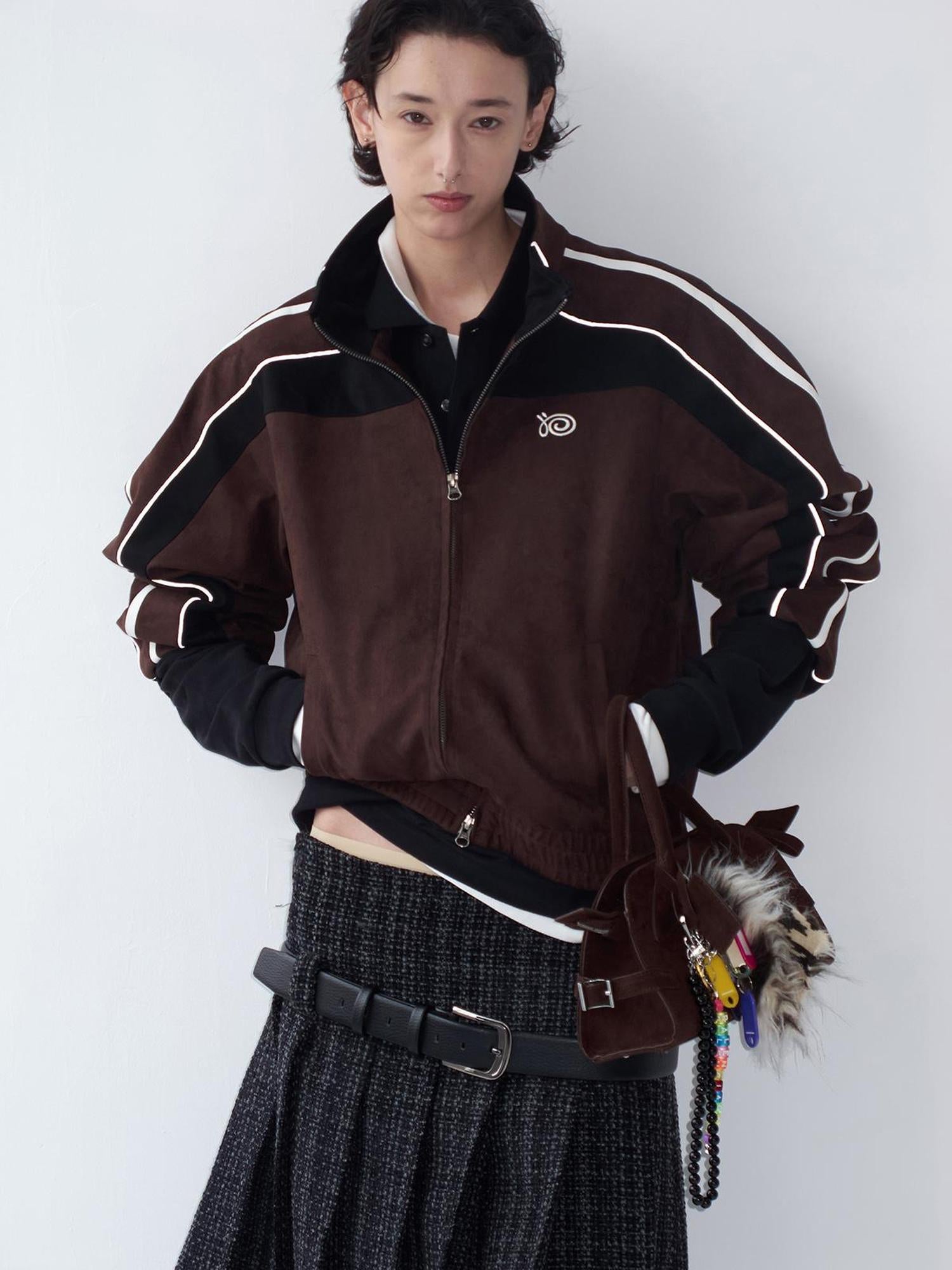 Delivery Brown Black Suede Split Panel Zip Up Jacket Skirt Set