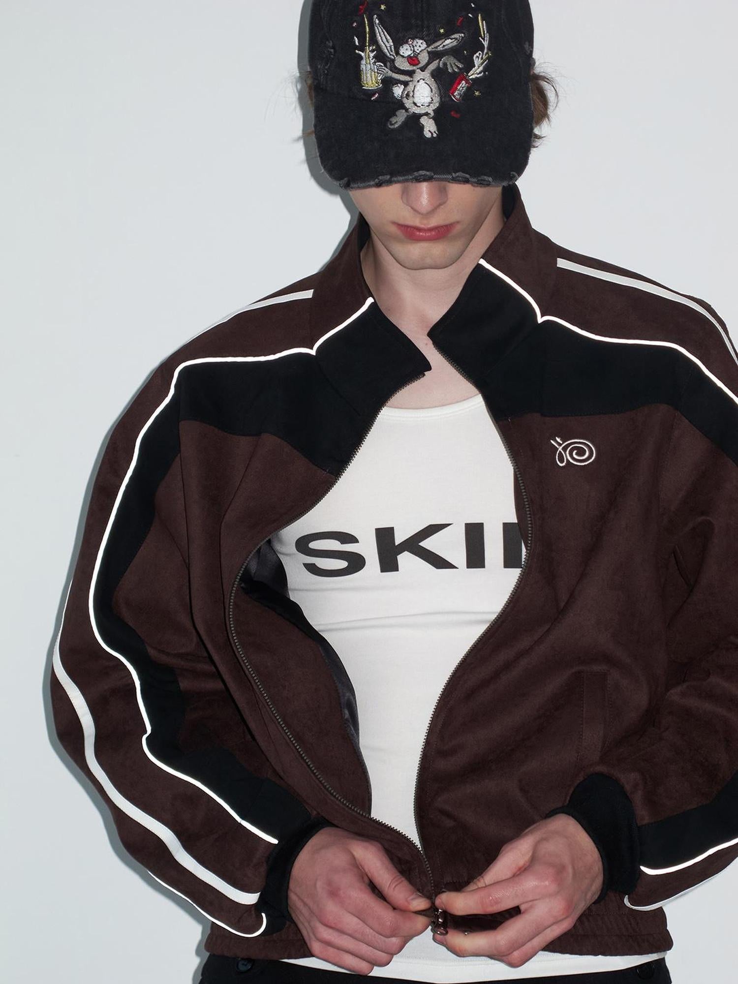 Delivery Brown Black Suede Split Panel Zip Up Jacket Skirt Set