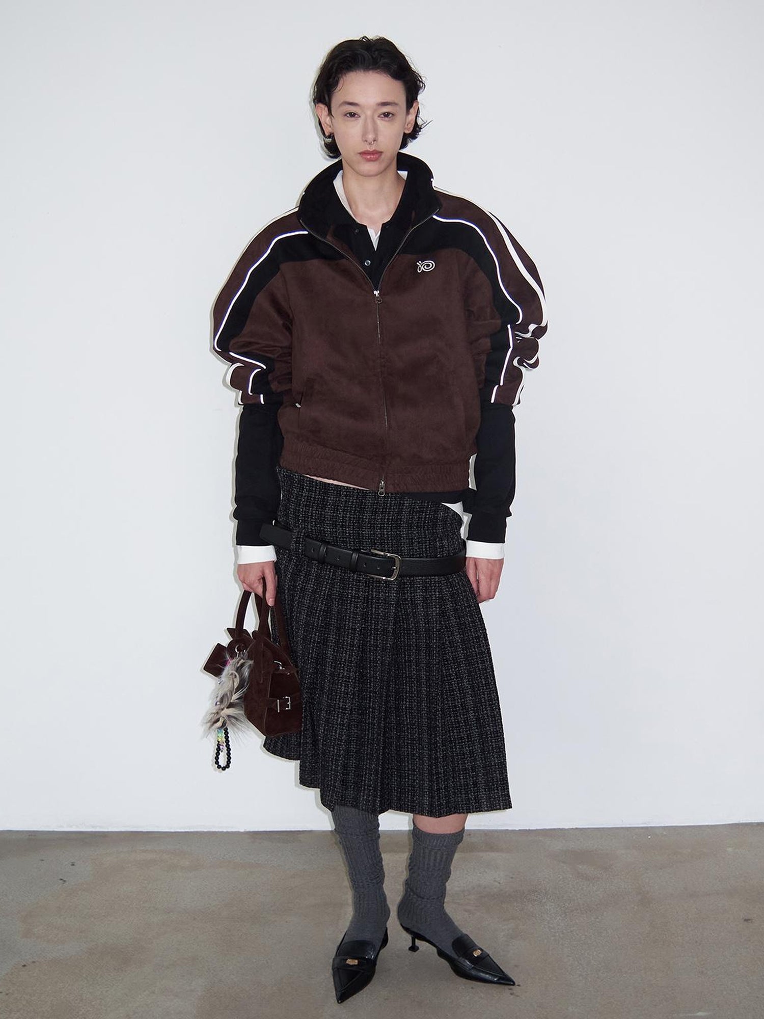 Delivery Brown Black Suede Split Panel Zip Up Jacket Skirt Set