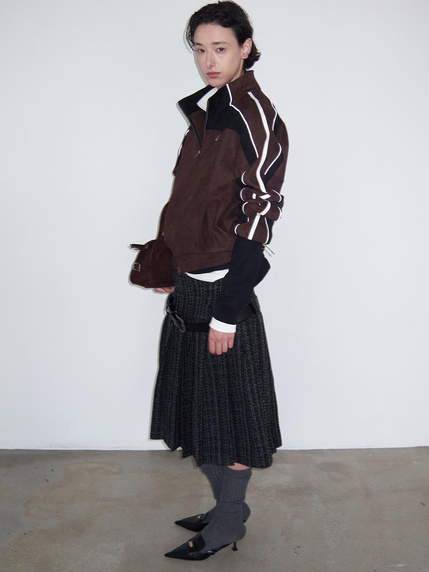 Delivery Brown Black Suede Split Panel Zip Up Jacket Skirt Set