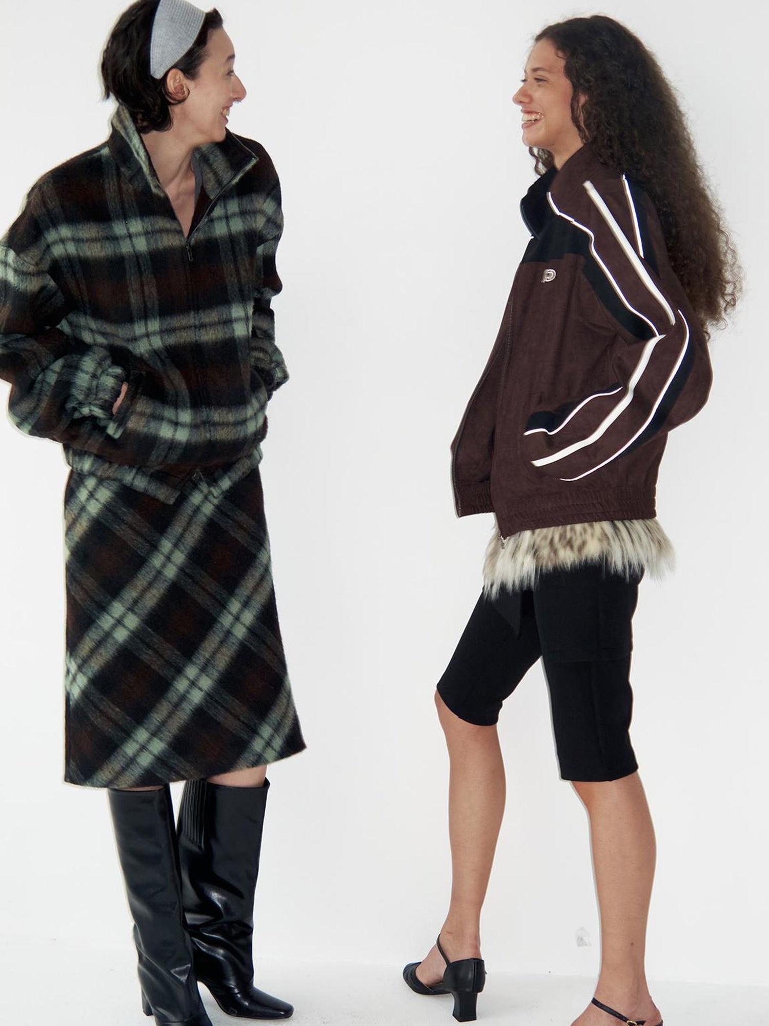 Delivery Brown Black Suede Split Panel Zip Up Jacket Skirt Set