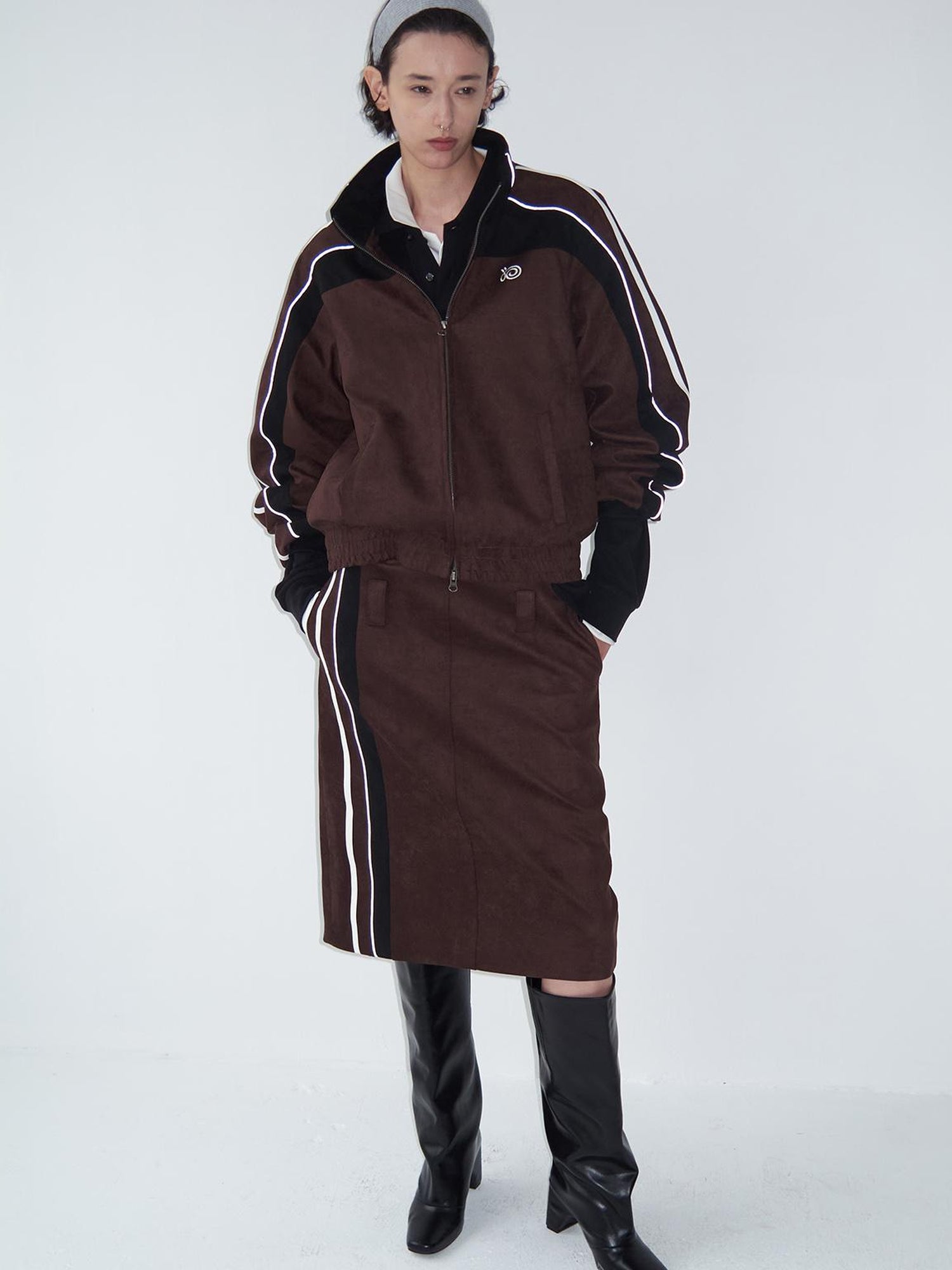 Delivery Brown Black Suede Split Panel Zip Up Jacket Skirt Set