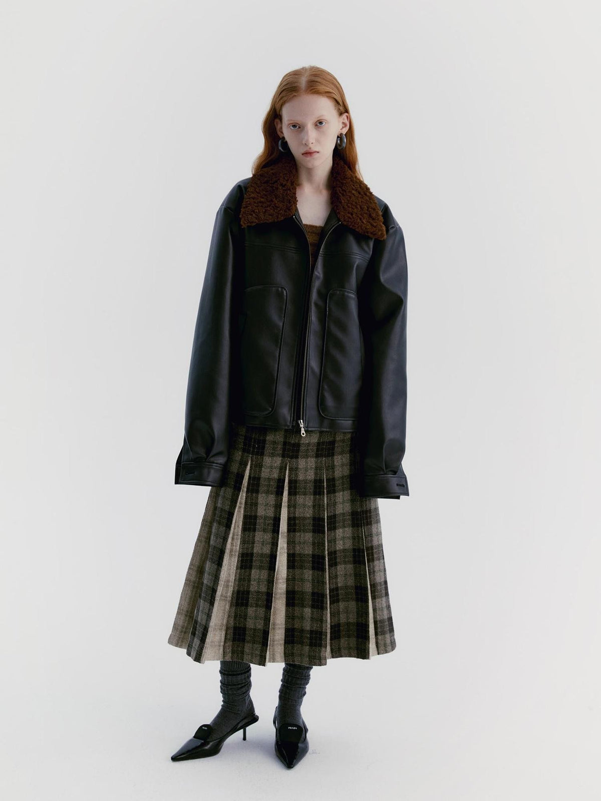 Delivery Brown Fur Collar Paneled Structured Black Pu Women&
