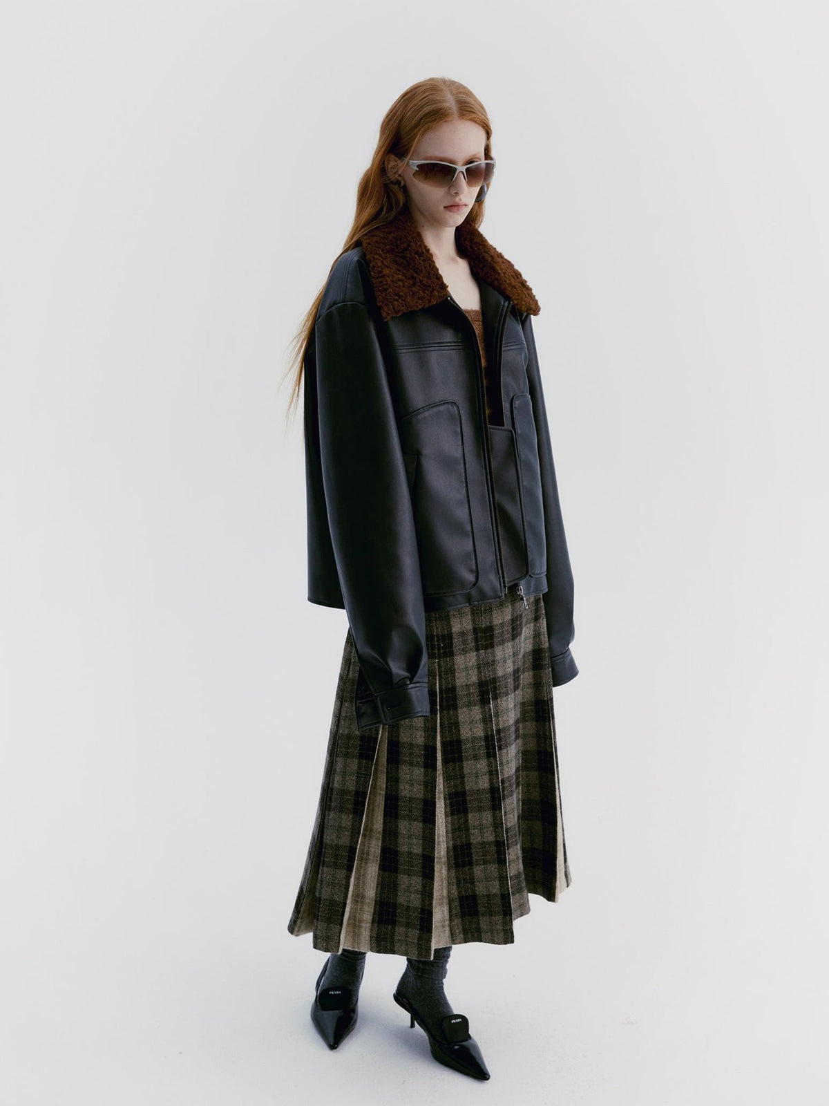 Delivery Brown Fur Collar Paneled Structured Black Pu Women&