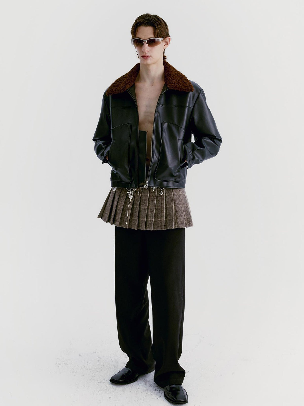 Delivery Brown Fur Collar Paneled Structured Black Pu Women&