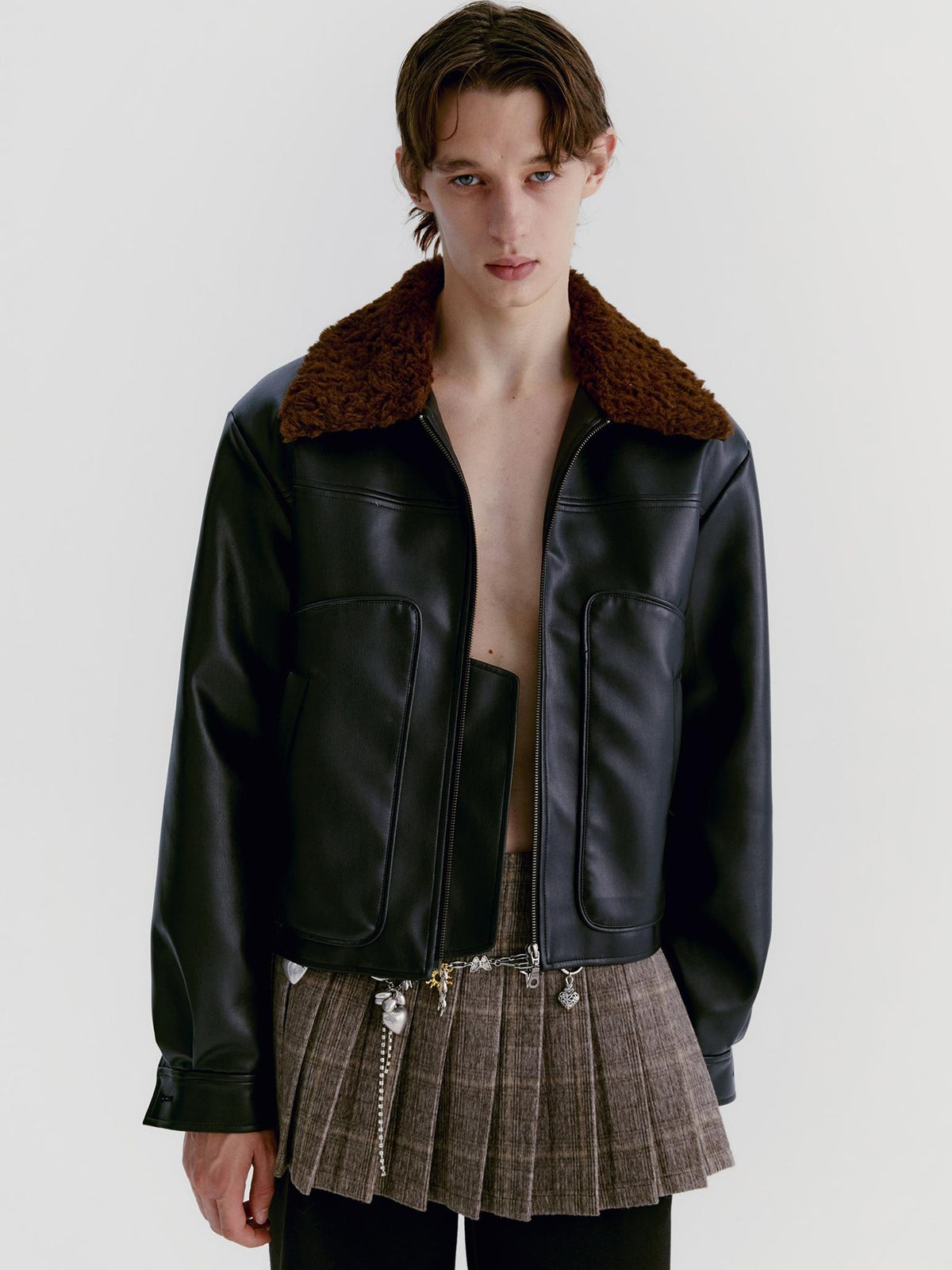 Delivery Brown Fur Collar Paneled Structured Black Pu Women&