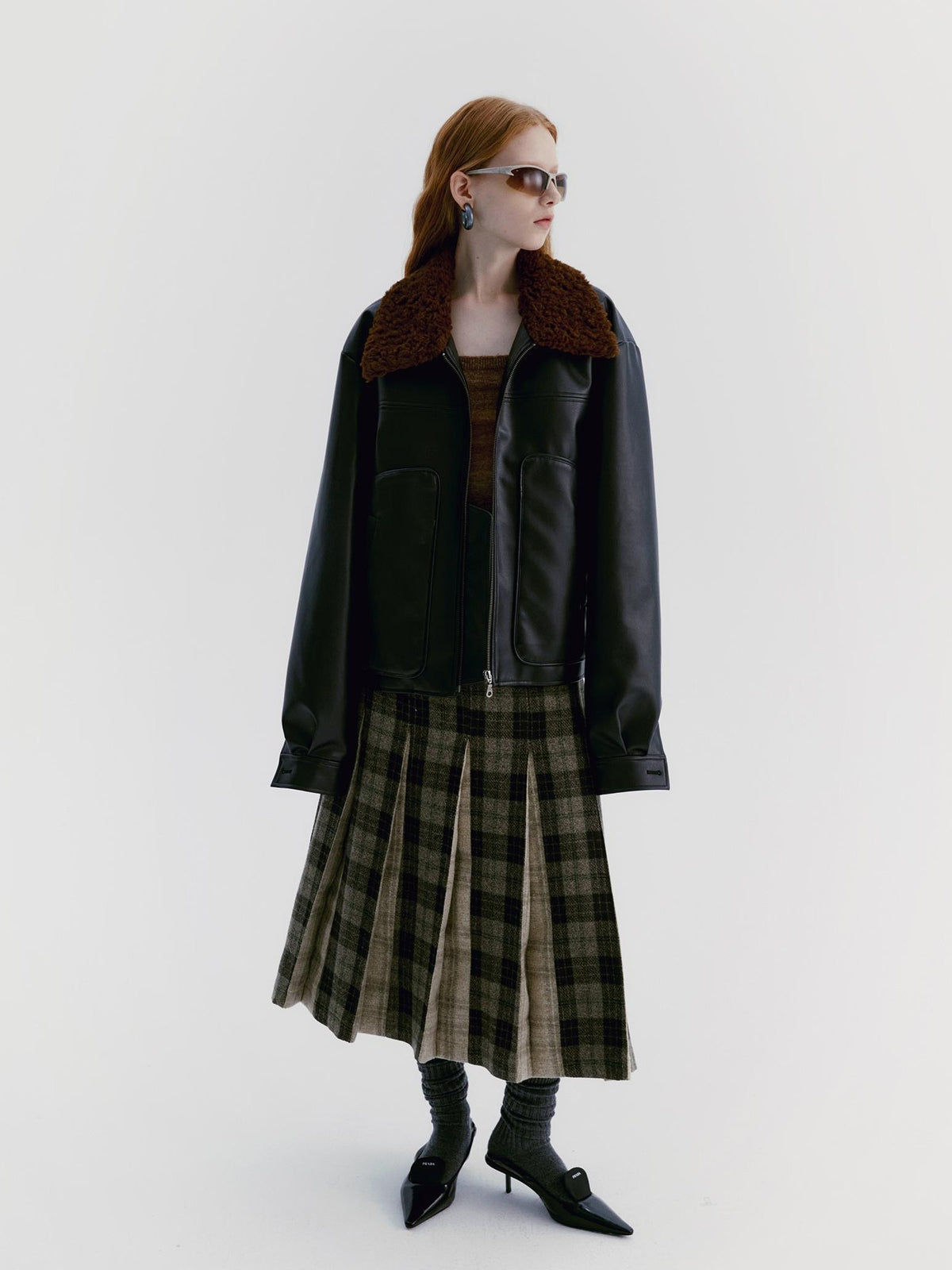 Delivery Brown Fur Collar Paneled Structured Black Pu Women&