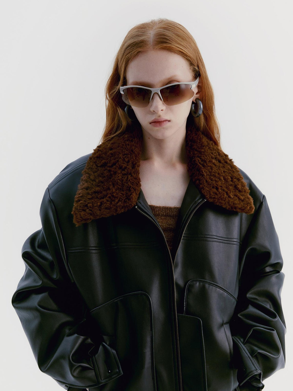 Delivery Brown Fur Collar Paneled Structured Black Pu Women&
