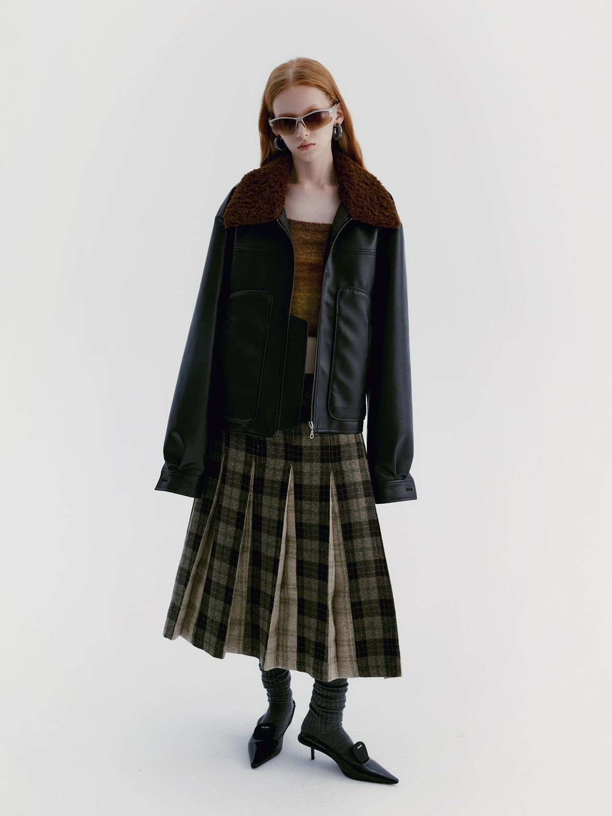 Delivery Brown Fur Collar Paneled Structured Black Pu Women&