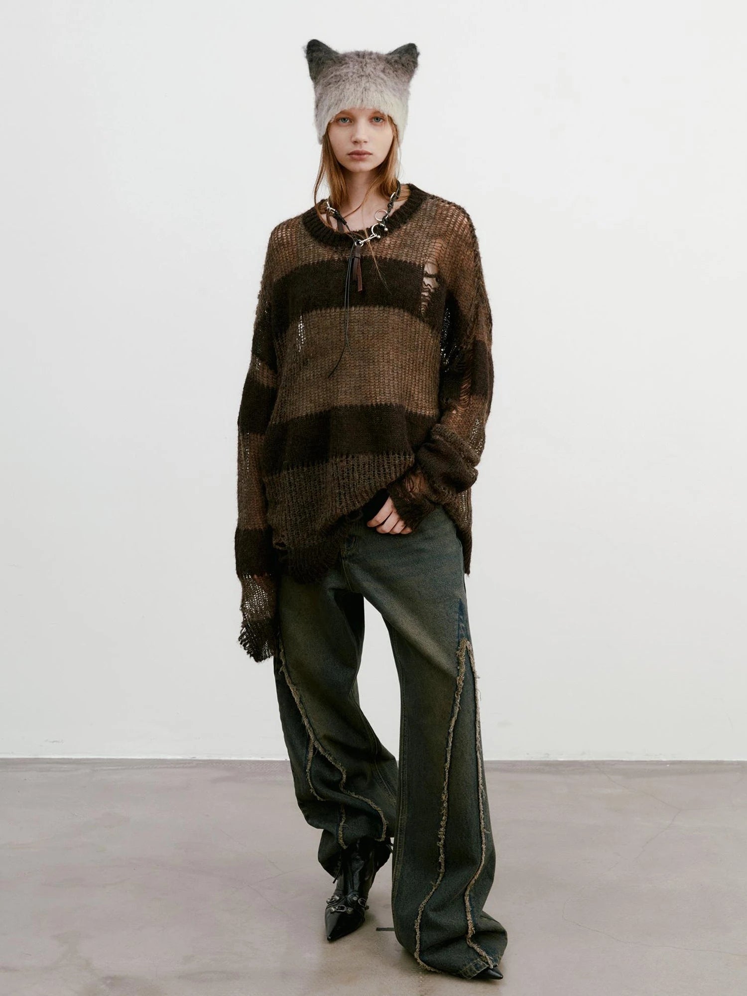 Brown Striped Knit Sweater With Distressed Openwork Texture